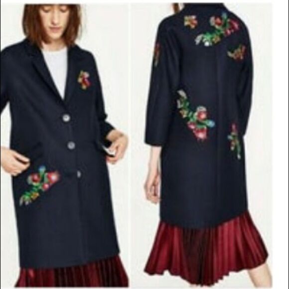 ZARA Woman navy blue flowers embroidery buttons pea coat long